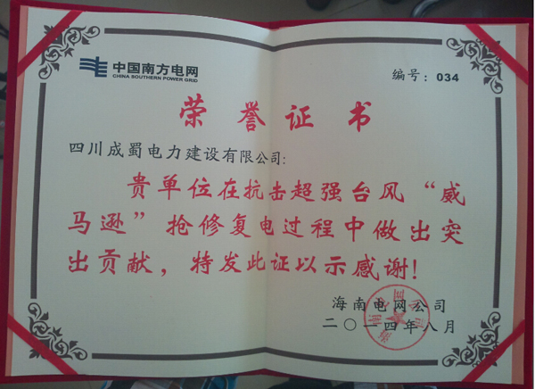 公司榮獲國網(wǎng)眉山供電公司2014年電網(wǎng)基建安全質(zhì)量競賽“三等獎”