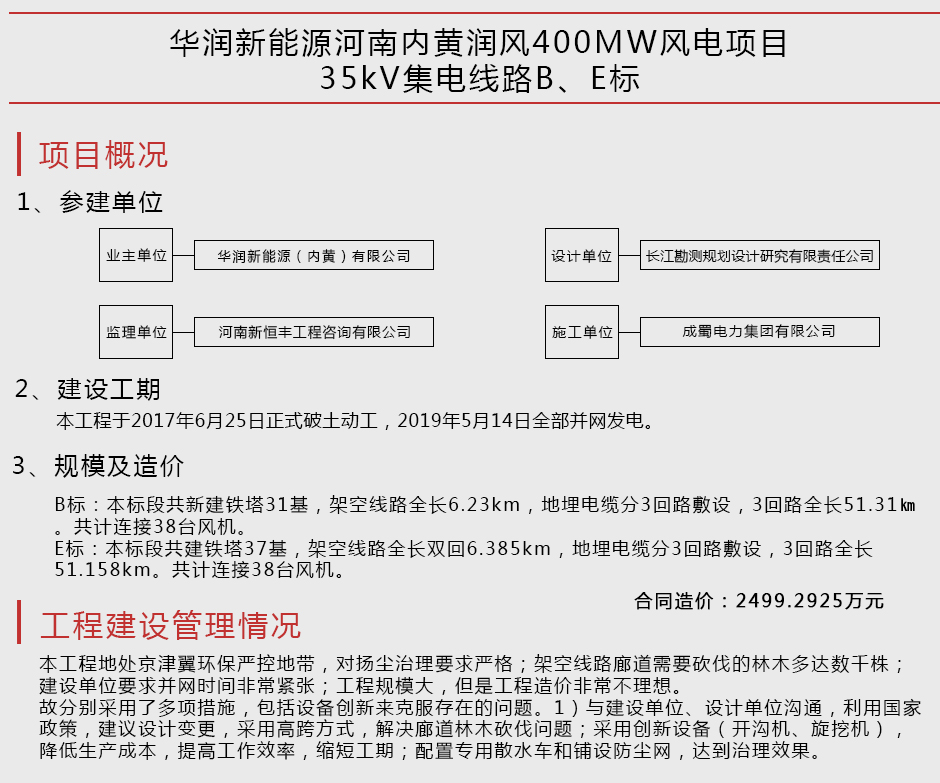 華潤新能源河南內(nèi)黃潤風(fēng)400MW風(fēng)電項目35kV集電線路B、E標(biāo)