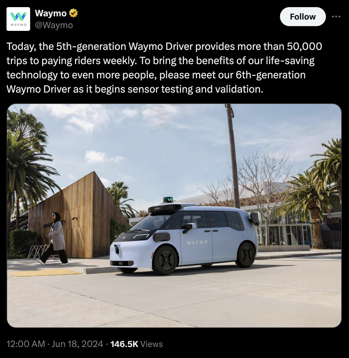 Waymo新一代無人車上路，極氪寶寶巴士出口，自己打工賺錢