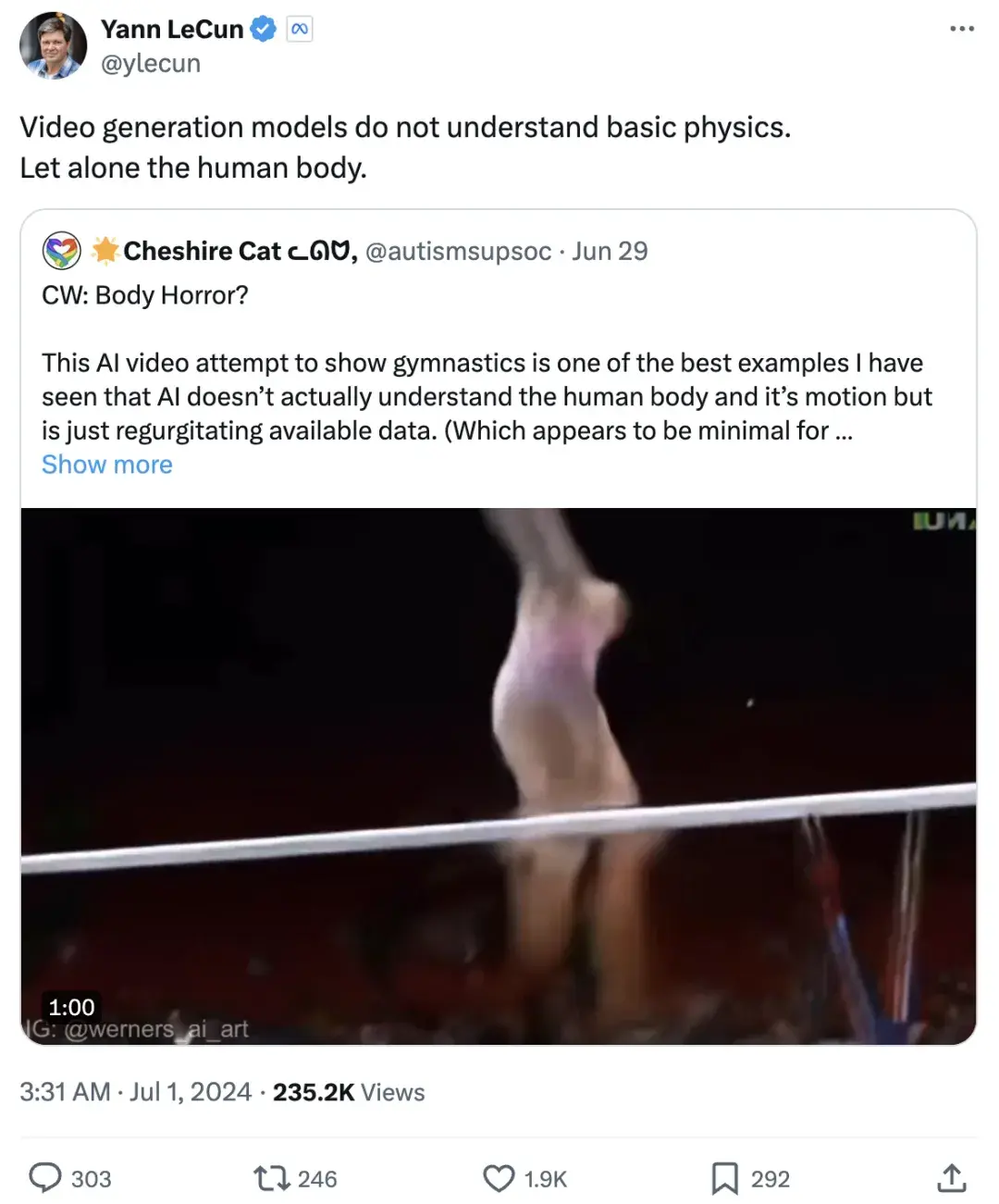 AI恐怖體操視頻腿腳亂飛、大變活人，LeCun：視頻生成模型根本不懂物理